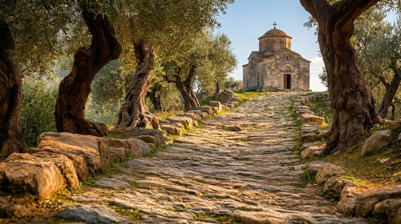 A worn stone path lined with olive trees, leading up to an ancient chapel